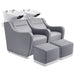 DIR Majestic Double Seats Shampoo Chair – Space-Saving Salon Solution Gray Front Angled View With Two Stools And White Double Shampoo Wash Station On Plain White Background