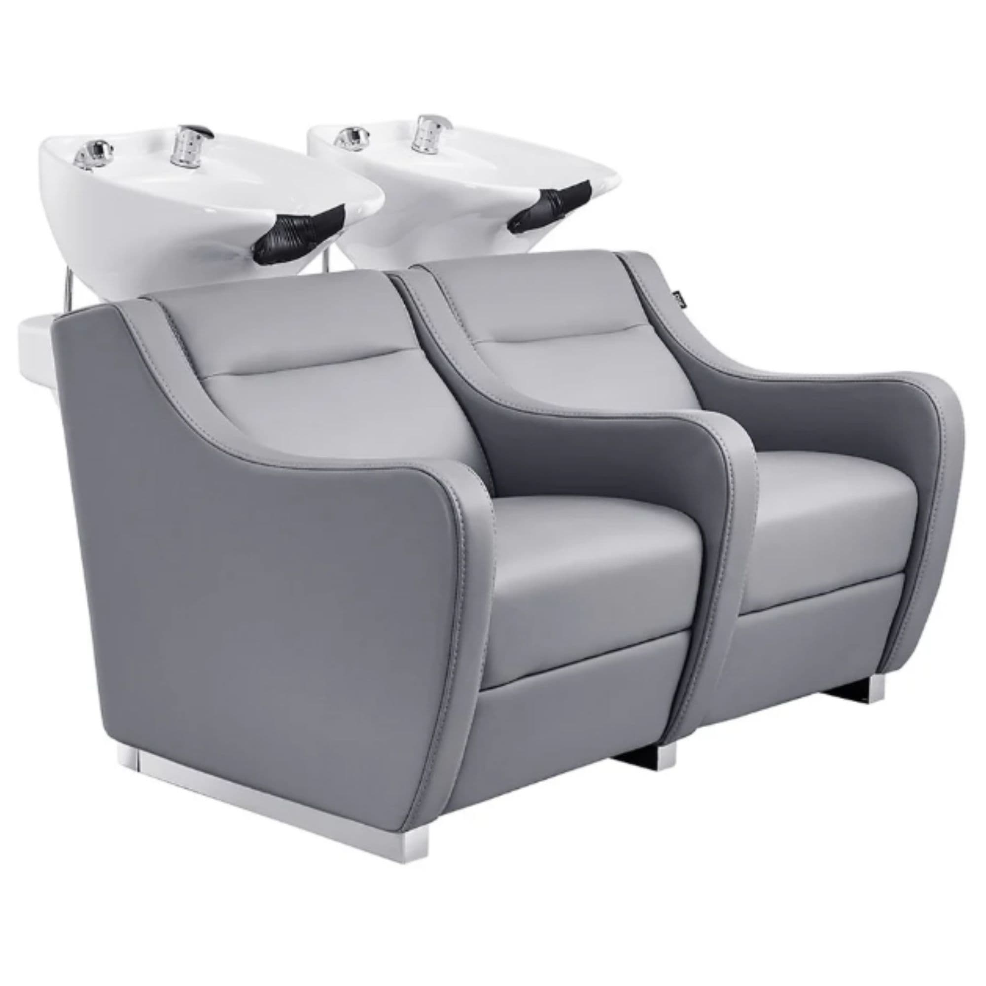 DIR Majestic Double Seats Shampoo Chair – Space-Saving Salon Solution Gray Front Angled View With White Double Shampoo Wash Station On Plain White Background
