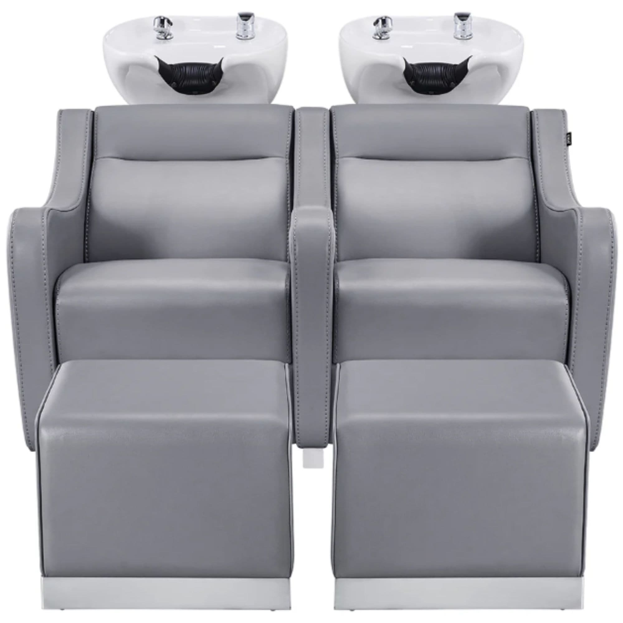 DIR Majestic Double Seats Shampoo Chair – Space-Saving Salon Solution Gray Front View With White Double Shampoo Wash Station And Two Stools On Plain White Background