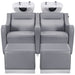 DIR Majestic Double Seats Shampoo Chair – Space-Saving Salon Solution Gray Front View With White Double Shampoo Wash Station And Two Stools On Plain White Background