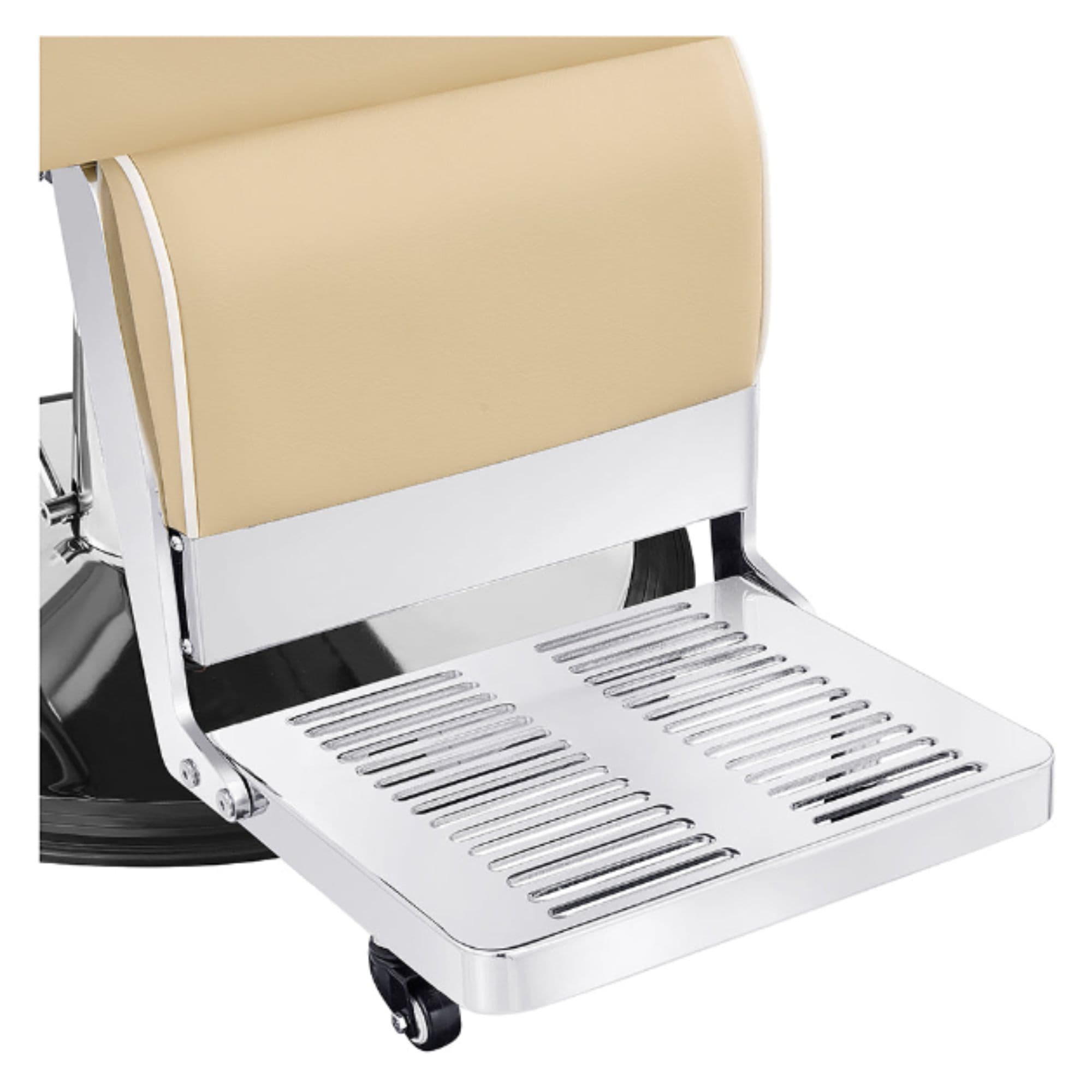 DIR Majesty Antique Barbershop Chairs Beige Variant With Close-Up View Of Metal Footrest Platform On White Background