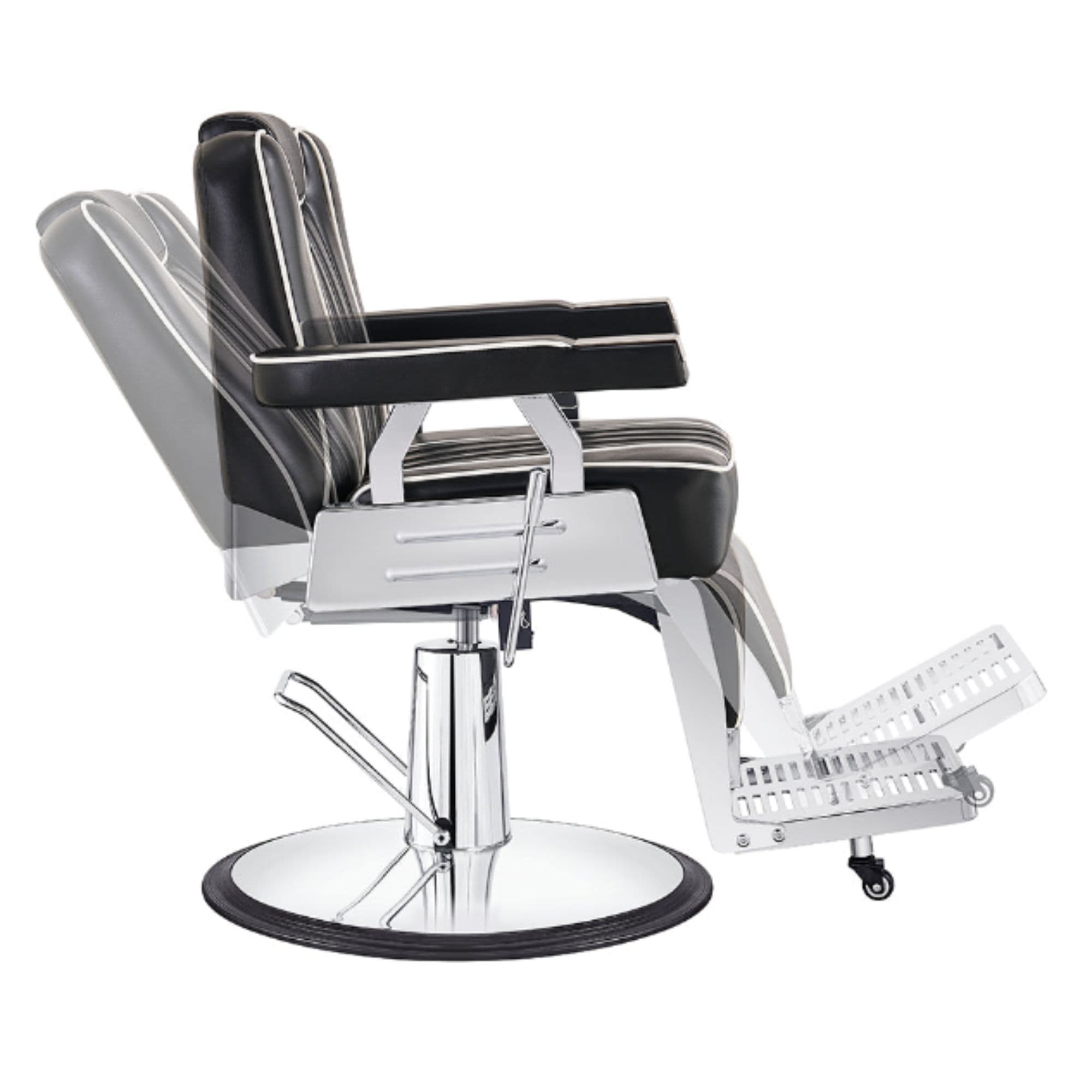 DIR Majesty Antique Barbershop Chairs Black Variant Side View Demonstrating Swing Adjustment On White Background