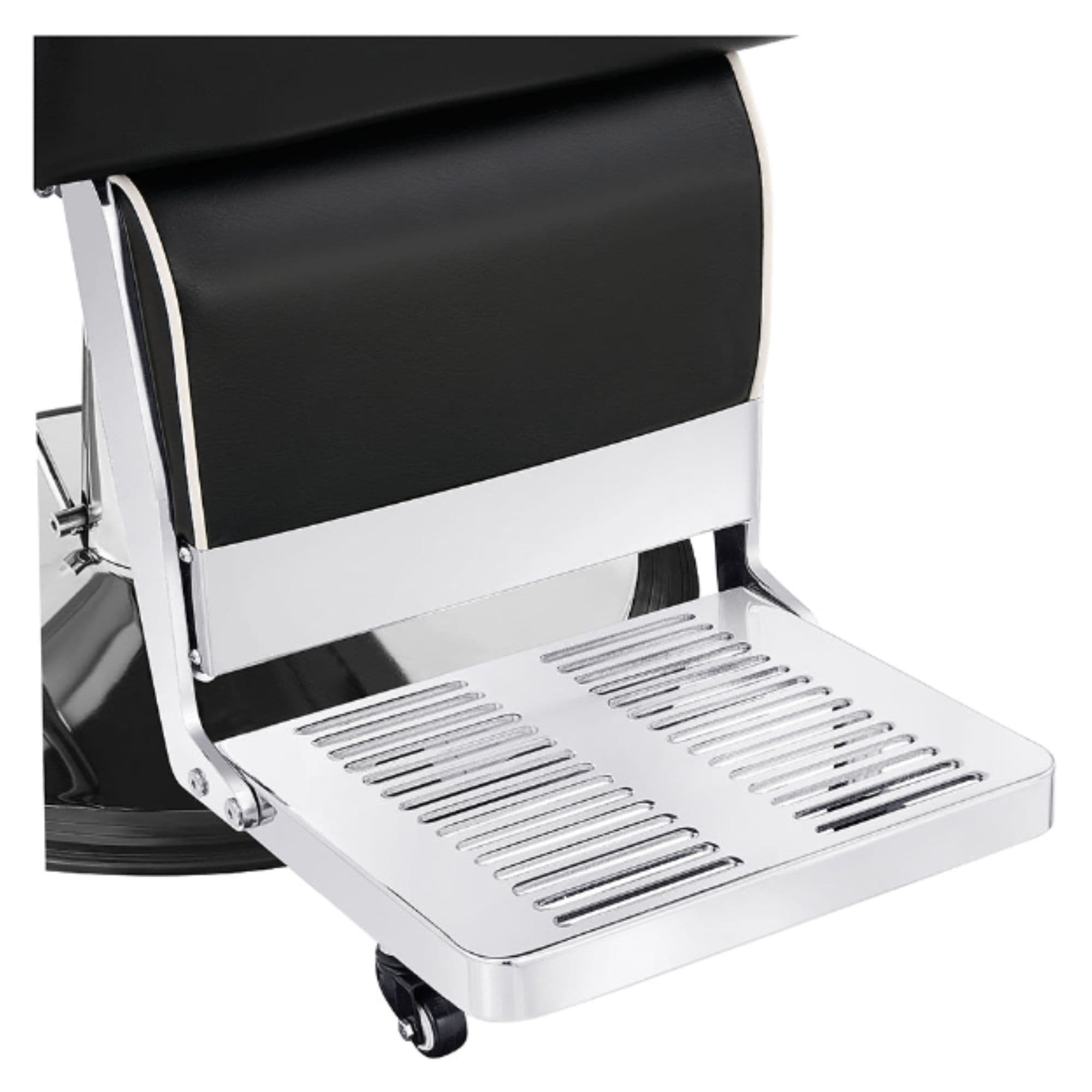 DIR Majesty Antique Barbershop Chairs Black Variant With Close-Up View Of Metal Footrest Platform On White Background