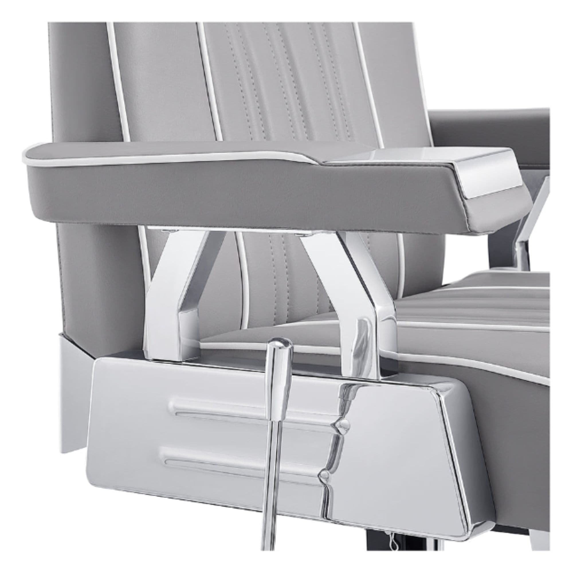 DIR Majesty Antique Barbershop Chairs Close-Up View Showing Gray Upholstered Armrest And Metallic Side Detail