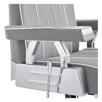 Thumbnail for DIR Majesty Antique Barbershop Chairs Close-Up View Showing Gray Upholstered Armrest And Metallic Side Detail