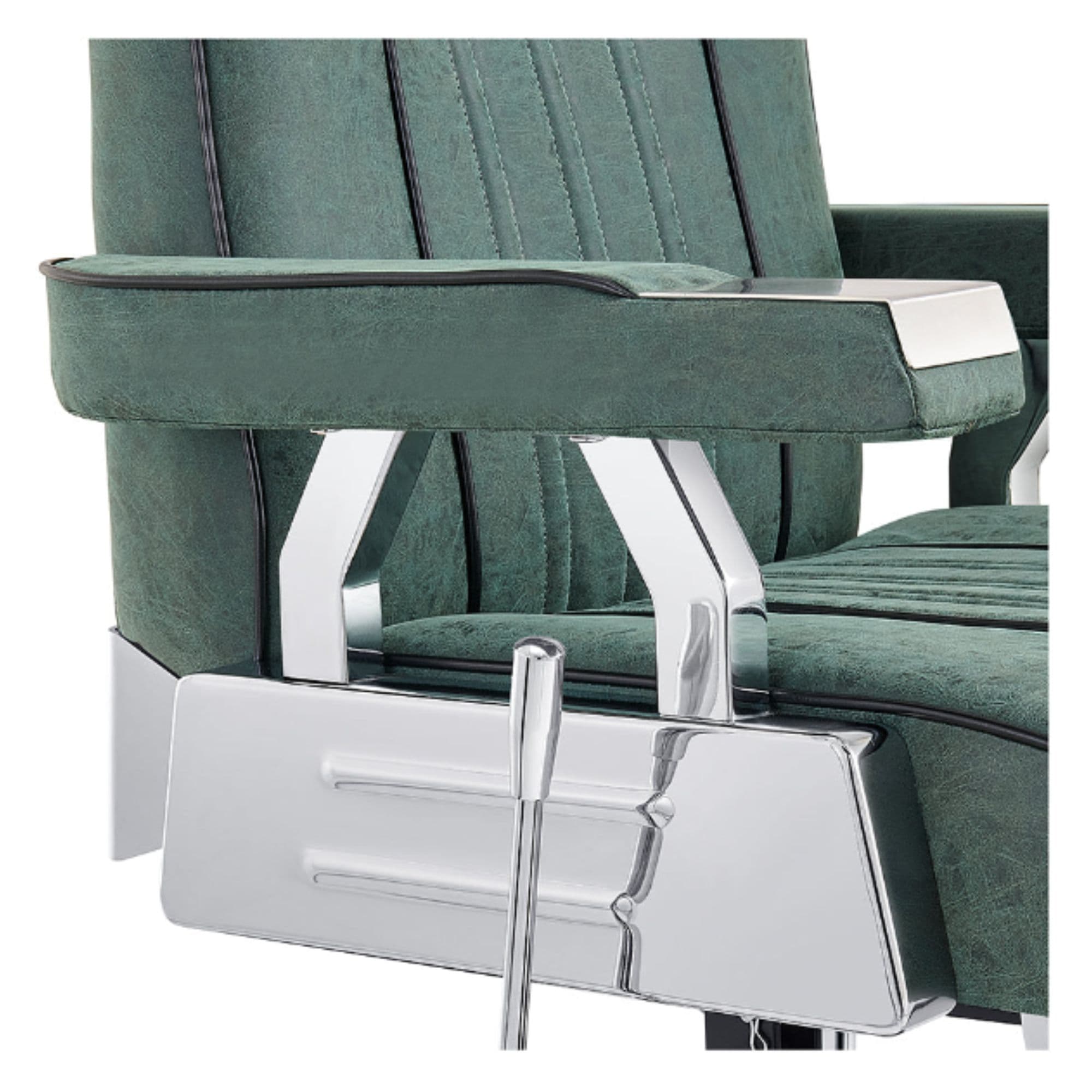 DIR Majesty Antique Barbershop Chairs Close-Up View Showing Green Upholstered Armrest And Metallic Side Detail