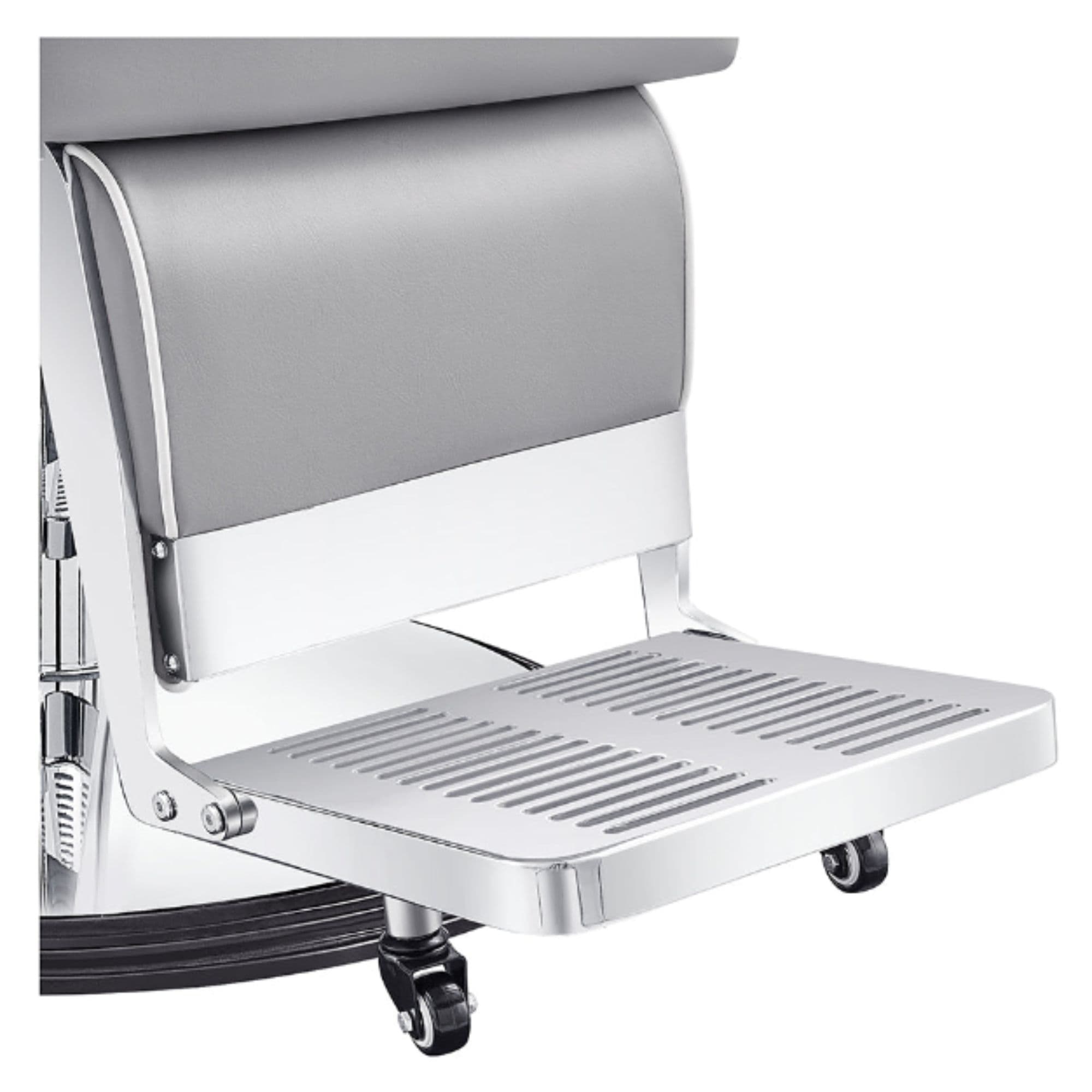 DIR Majesty Antique Barbershop Chairs Gray Variant With Close-Up View Of Metal Footrest Platform On White Background