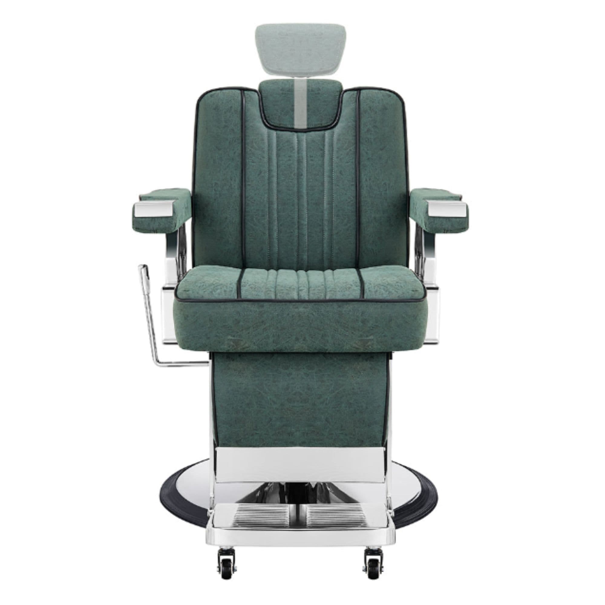 DIR Majesty Antique Barbershop Chairs Green Variant Front View Demonstrating Pull Out Headrest Range On White Background
