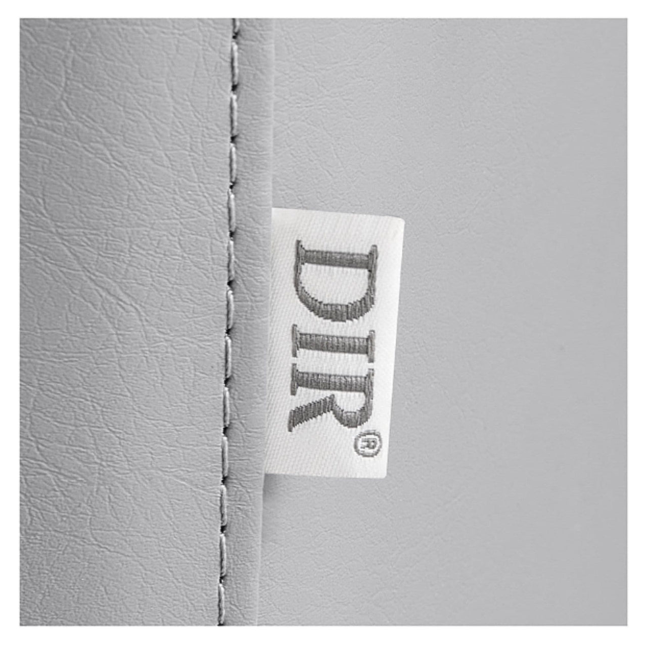 DIR Majesty Vintage Style Barber Chair Close-Up View Of Gray Upholstery With Brand Name