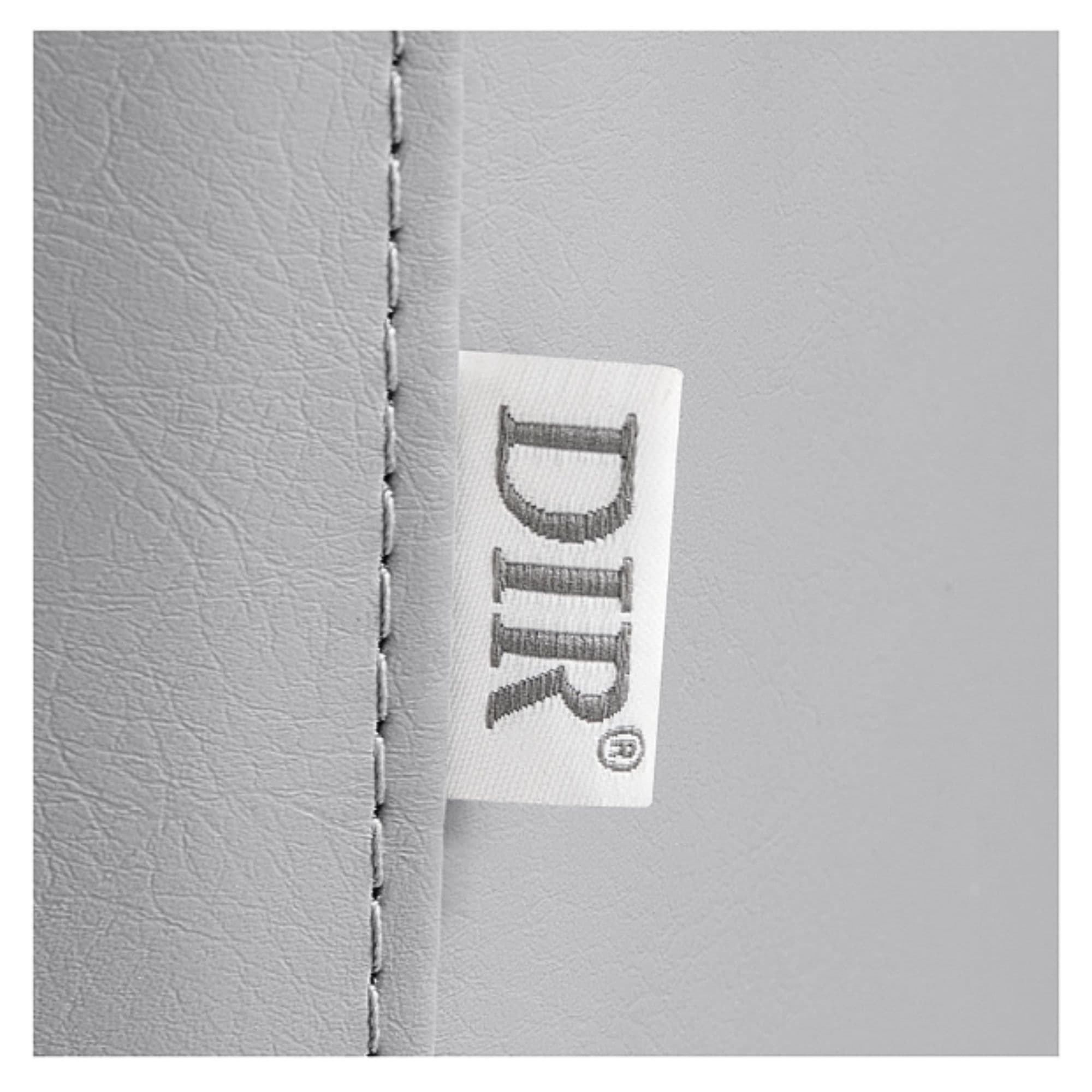 DIR Majesty Vintage Style Barber Chair Close-Up View Of Gray Upholstery With Brand Name