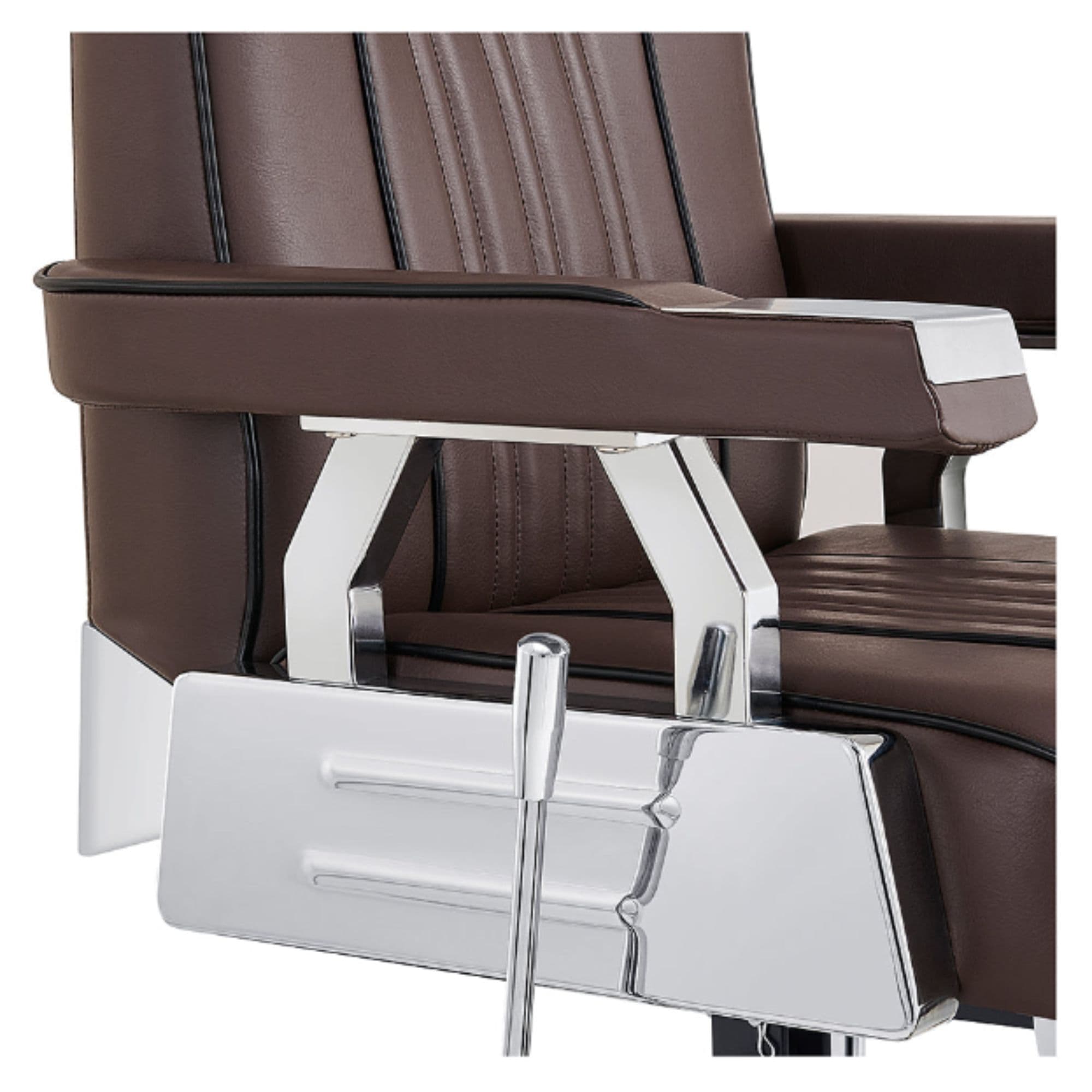 DIR Majesty Vintage Style Barber Chair Close-Up View Showing Brown Upholstered Armrest And Metallic Side Detail