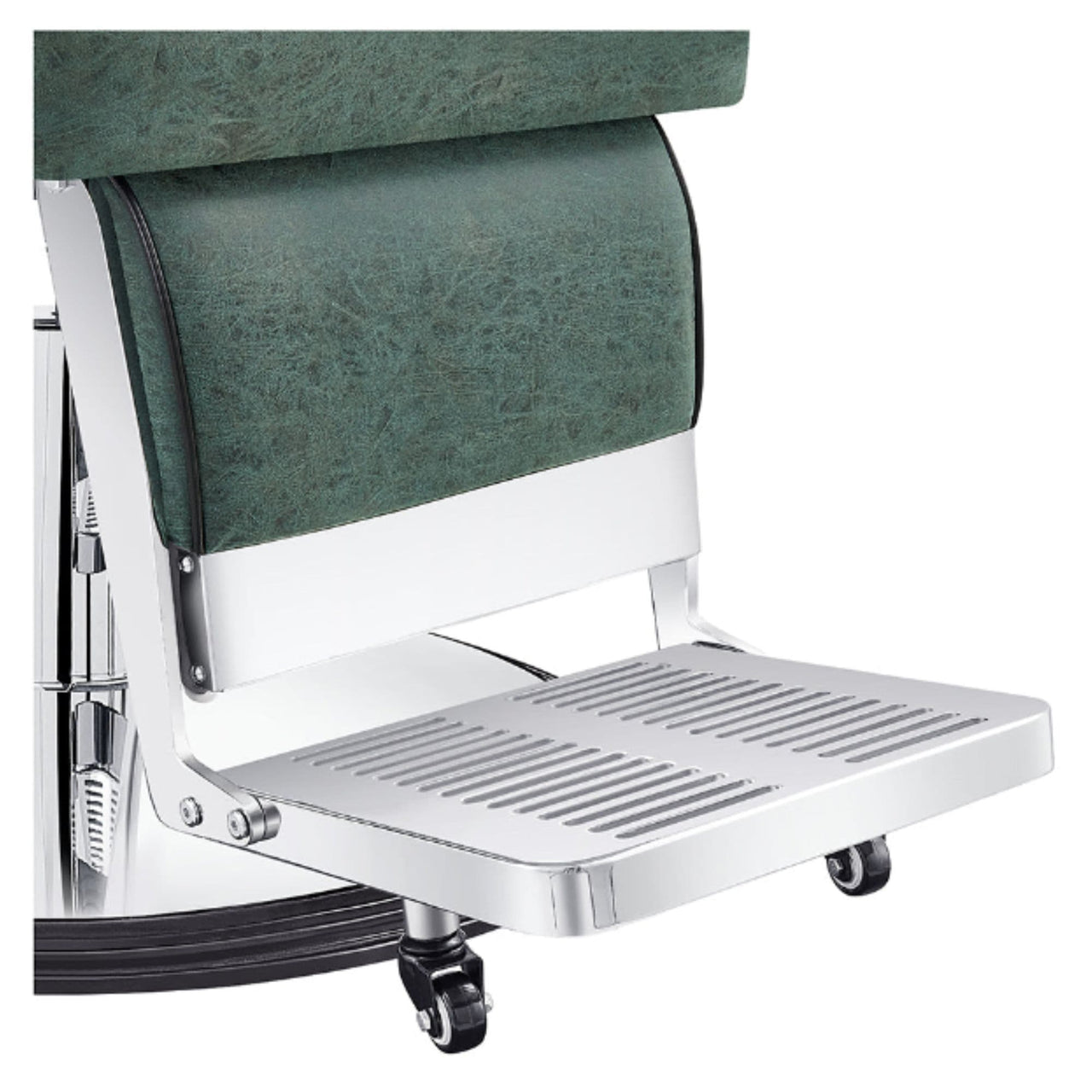 DIR Majesty Vintage Style Barber Chair Green Variant With Close-Up View Of Metal Footrest Platform On White Background