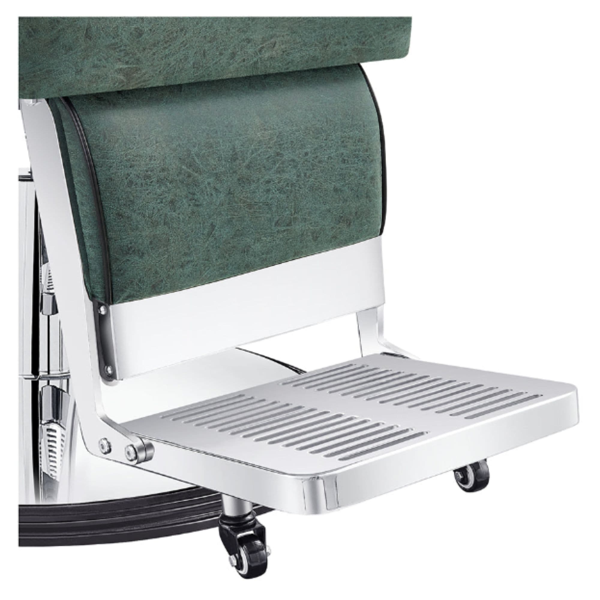 DIR Majesty Vintage Style Barber Chair Green Variant With Close-Up View Of Metal Footrest Platform On White Background
