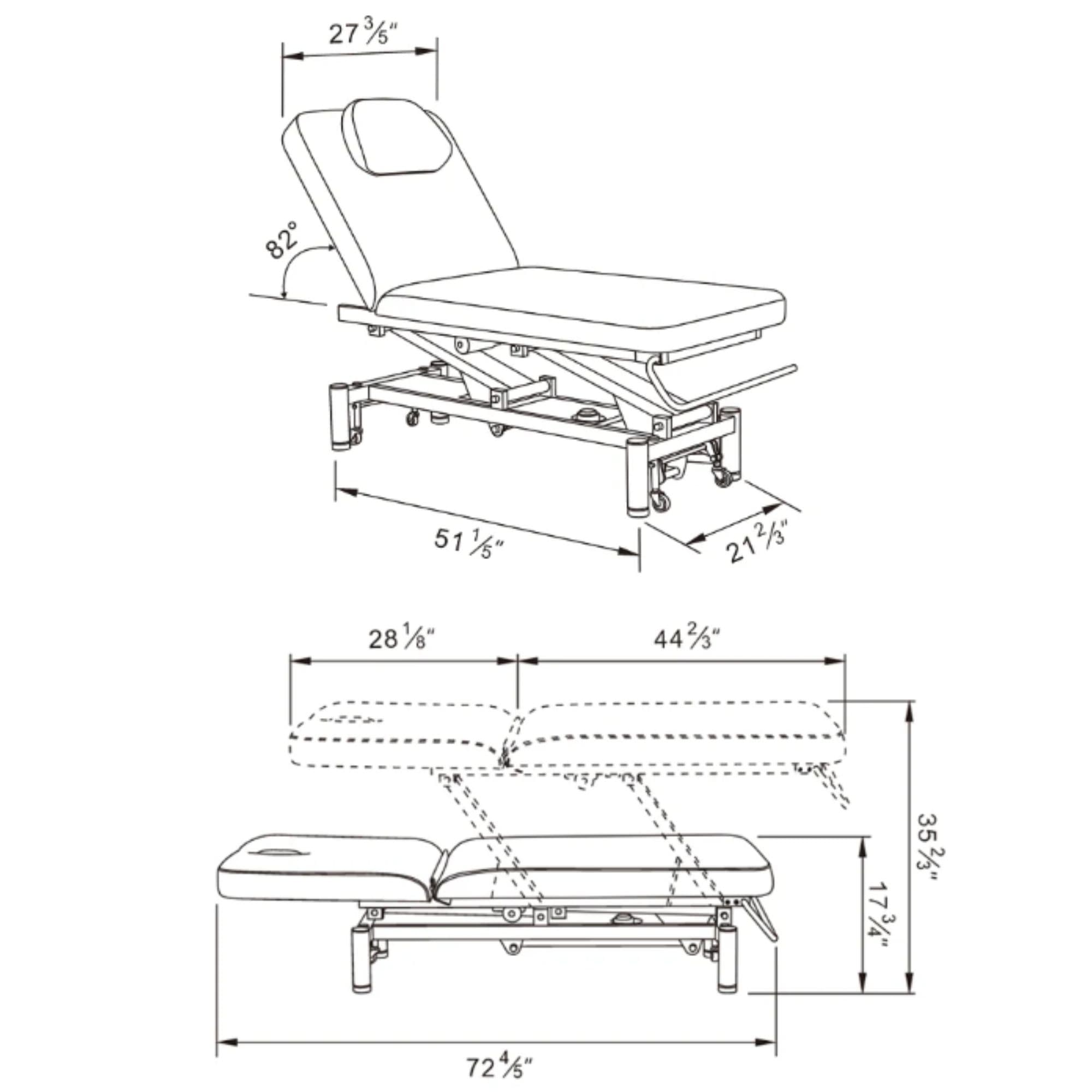DIR Mar Egeo 2-Motors Electric Medical Spa Treatment Bed Product Dimension Diagram