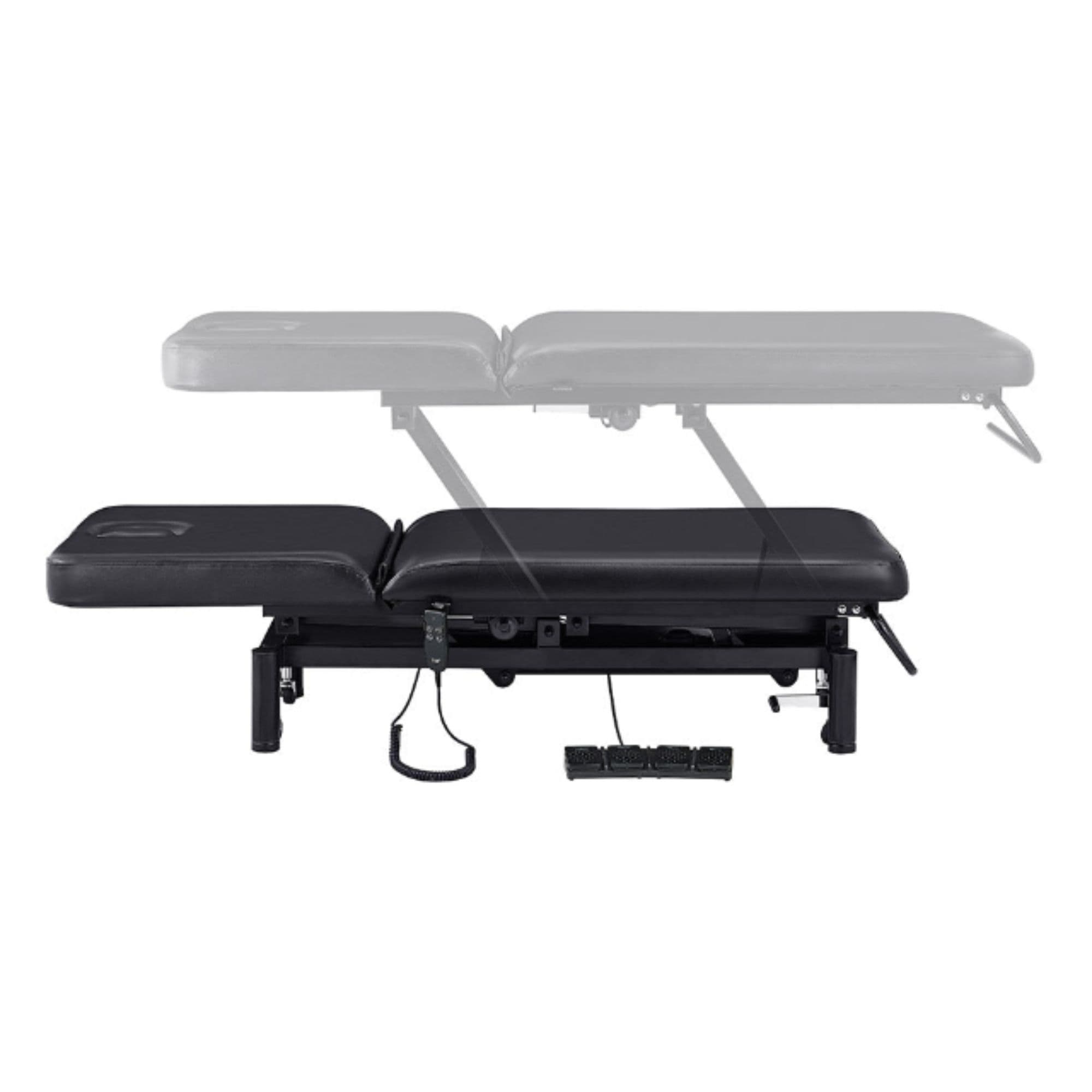 DIR Mar Egeo 2-Motors Electric Medical Spa Treatment Bed Side View And Fully Reclined Of Black Variant Showing An Up And Down Adjustment With Foot Control On White Background