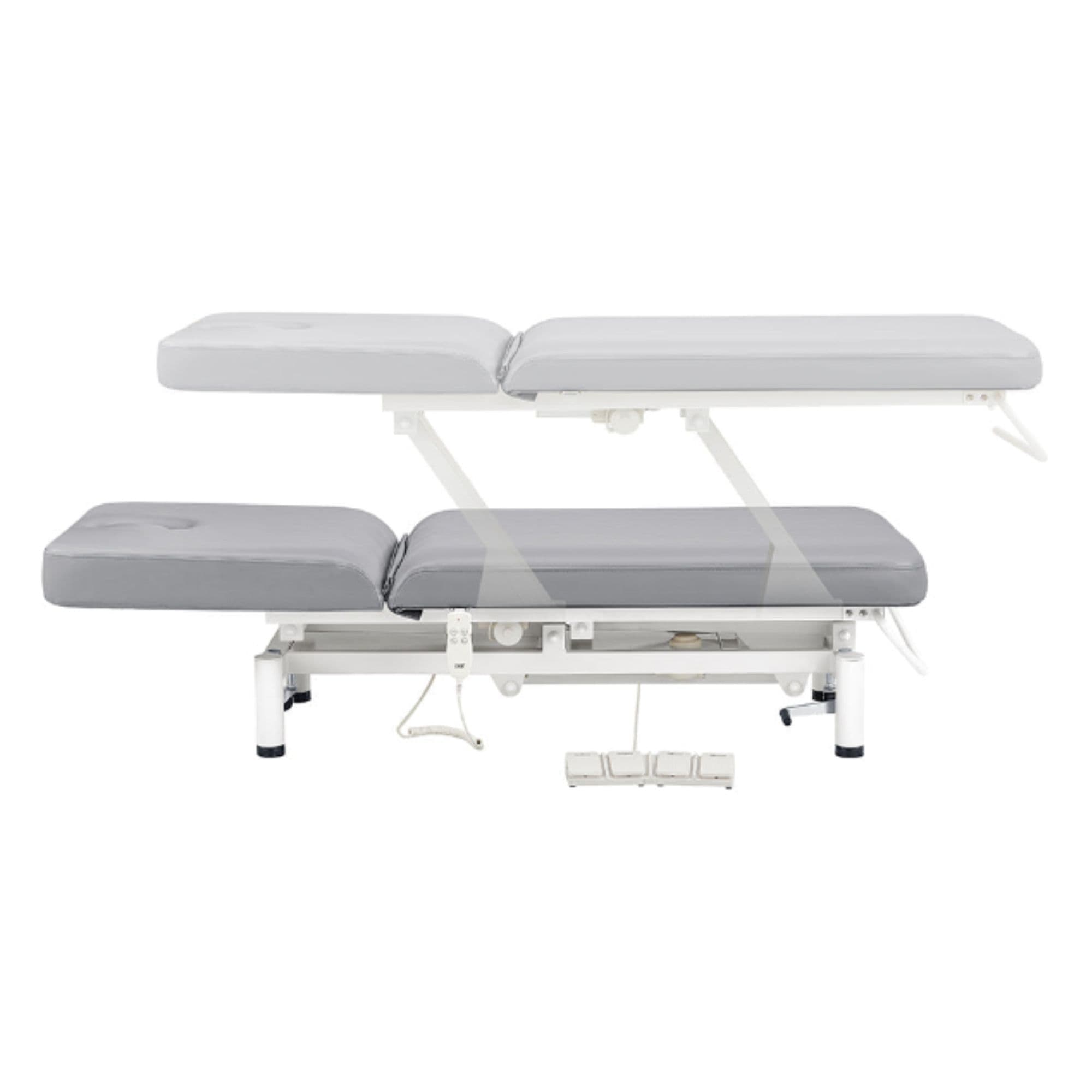 DIR Mar Egeo 2-Motors Electric Medical Spa Treatment Bed Side View And Fully Reclined Of Gray Variant Showing An Up And Down Adjustment With Foot Control On White Background