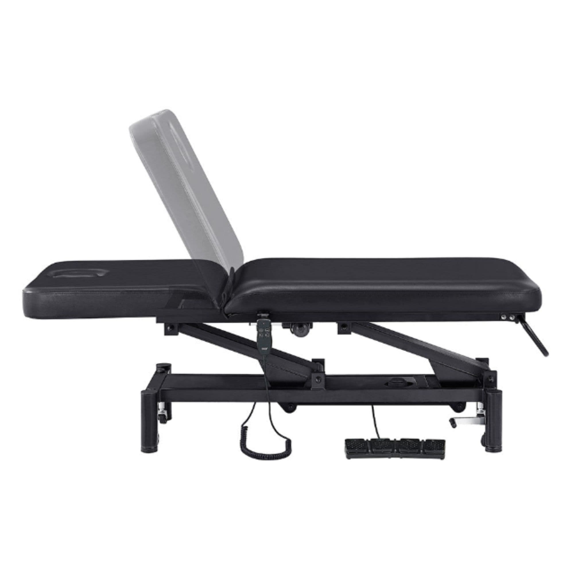 DIR Mar Egeo 2-Motors Electric Medical Spa Treatment Bed Side View Of Black Variant Demonstrating Backrest Recline Adjustment Range On White Background