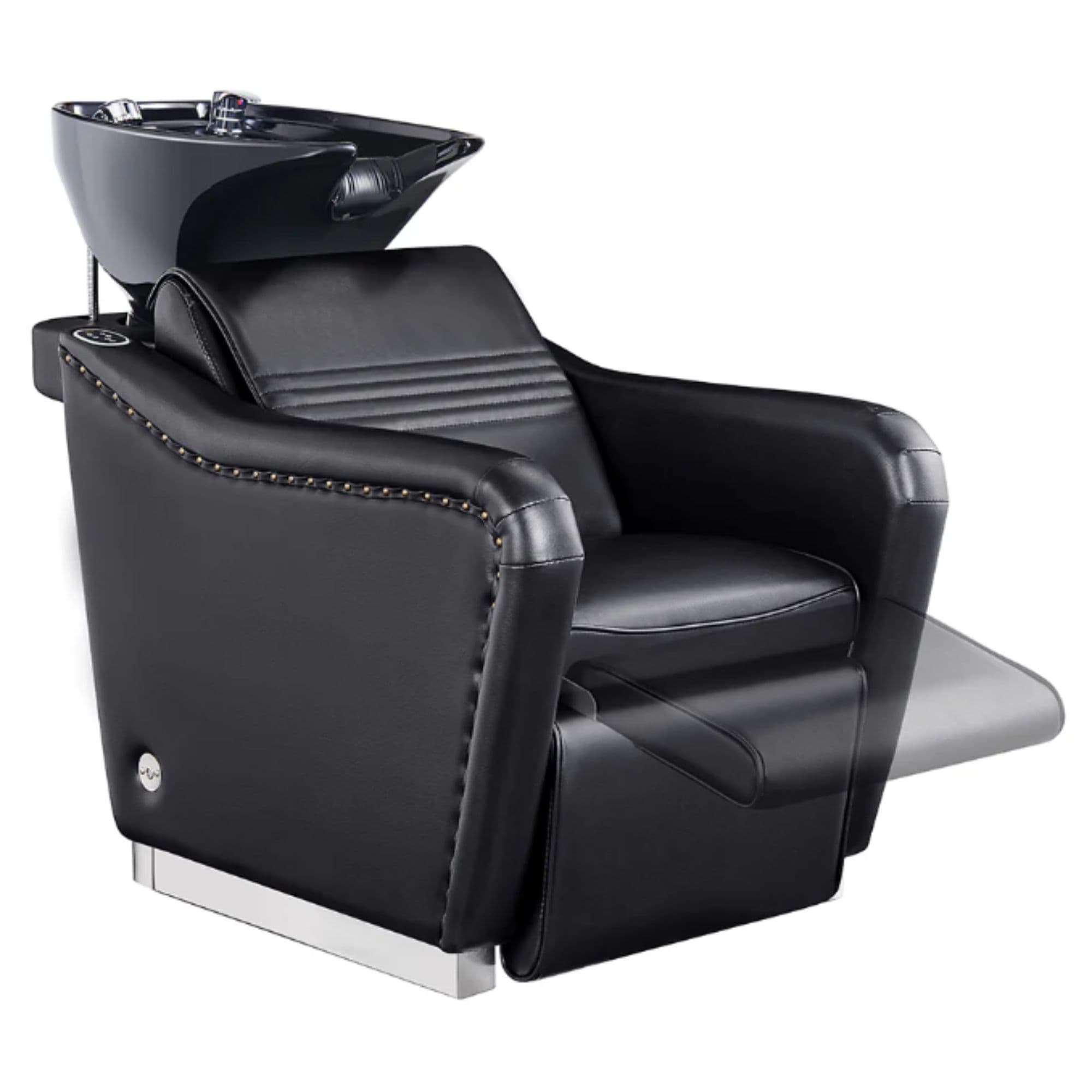 DIR Marvel Massage Shampoo Backwash Unit Black Front Angled View Of Black Single Shampoo Wash Station With Blurred Leg Rest Demonstration