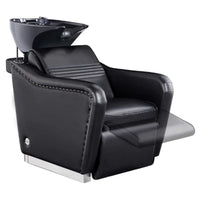 Thumbnail for DIR Marvel Massage Shampoo Backwash Unit Black Front Angled View Of Black Single Shampoo Wash Station With Blurred Leg Rest Demonstration