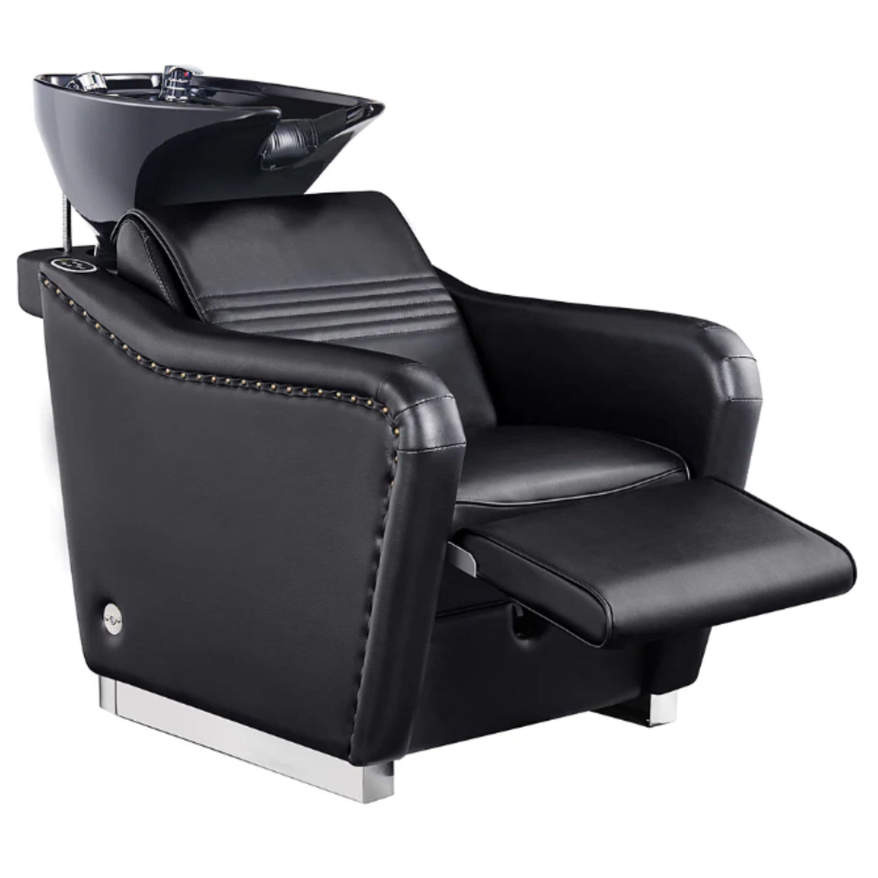 DIR Marvel Massage Shampoo Backwash Unit Black Front Angled View Of Black Single Shampoo Wash Station With Fully Reclined Leg Rest On White Clean Background