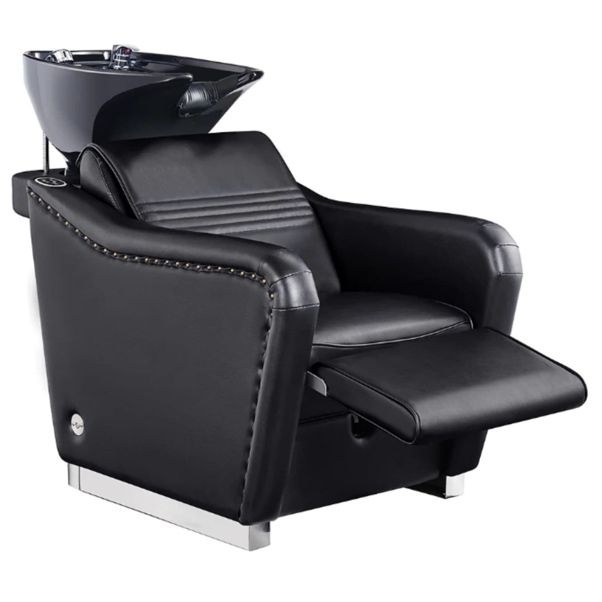 DIR Marvel Massage Shampoo Backwash Unit Black Front Angled View Of Black Single Shampoo Wash Station With Fully Reclined Leg Rest On White Clean Background