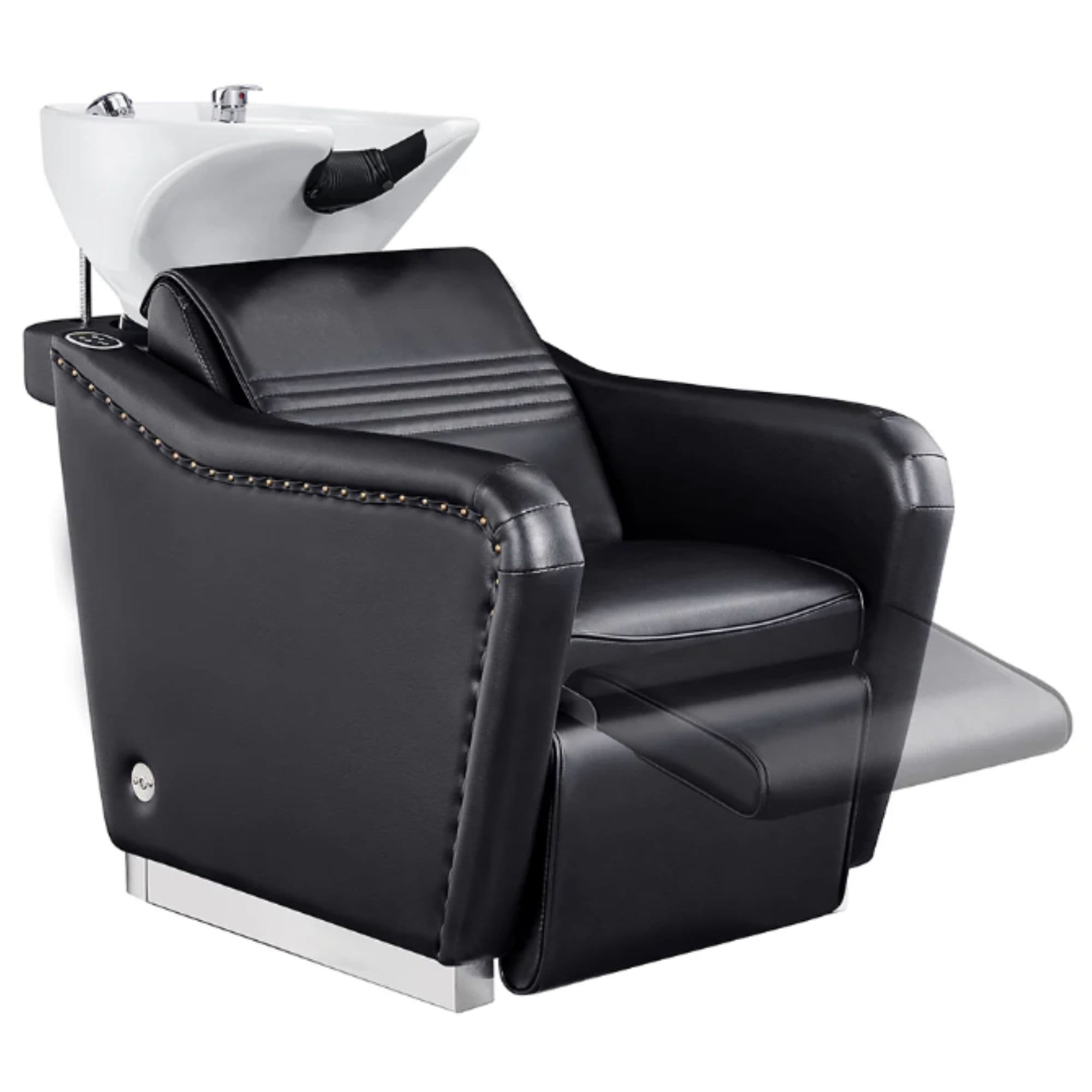 DIR Marvel Massage Shampoo Backwash Unit Black Front Angled View Of White Single Shampoo Wash Station With Blurred Leg Rest Demonstration