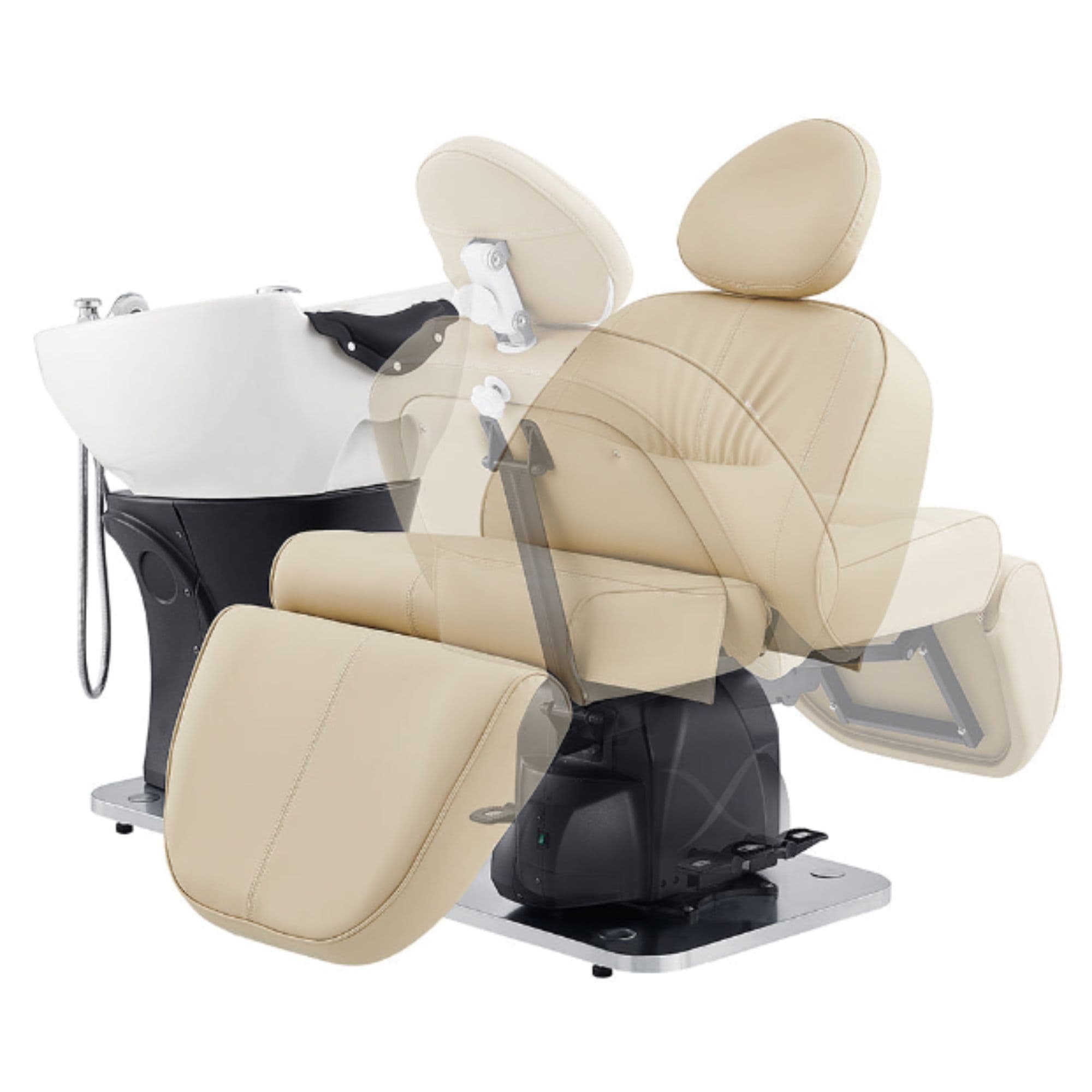 DIR Maximus Spa Reclining Shampoo Bed Beige Angled Front View Beside White Sink Adjustment Demo On White Background