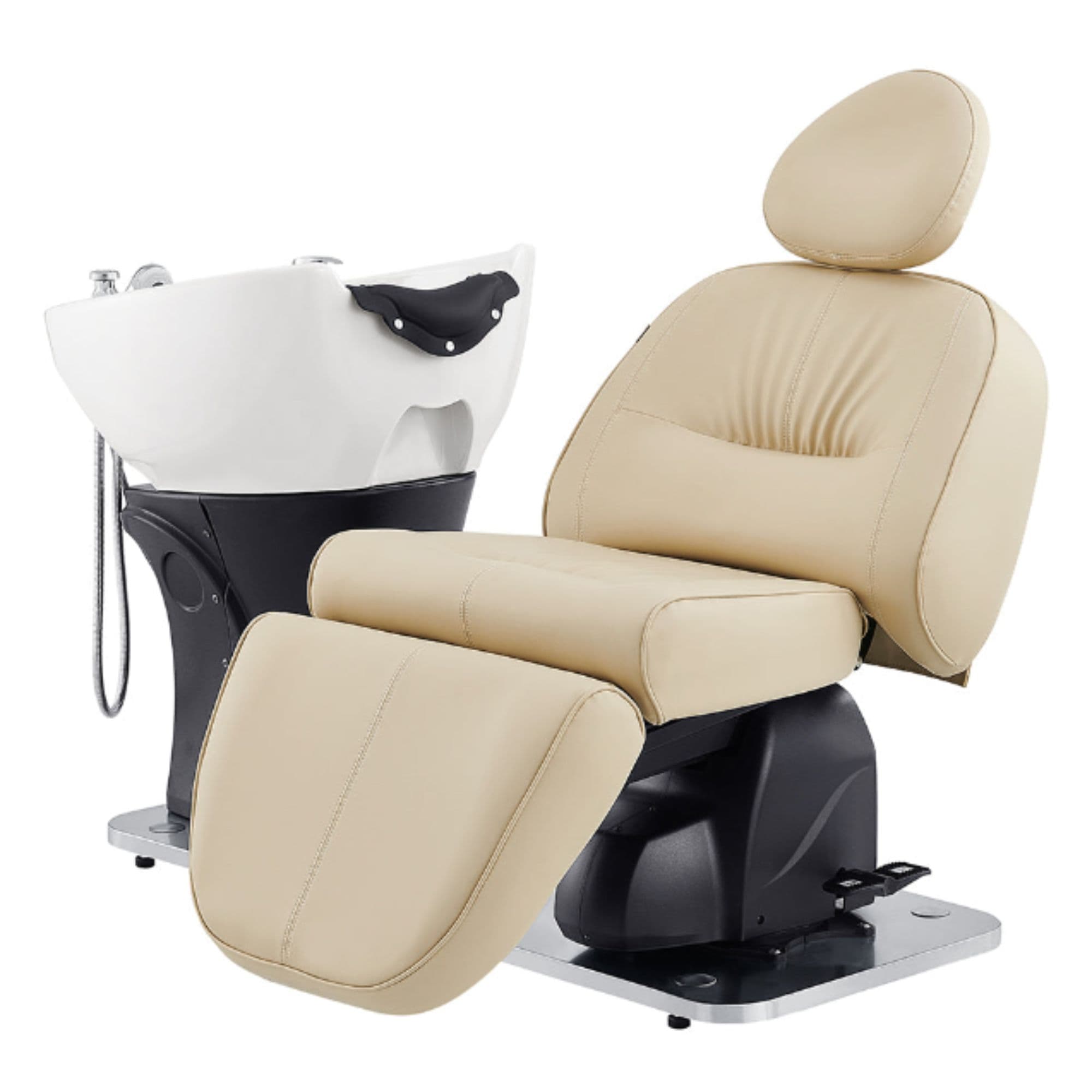 DIR Maximus Spa Salon Reclining Shampoo Bed with Rotating Seat Beige Angled Front View Beside White Sink On White Background