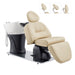 DIR Maximus Spa Salon Reclining Shampoo Bed with Rotating Seat Beige Front Angled View With White Sink  And Adjustable Headrest On White Background