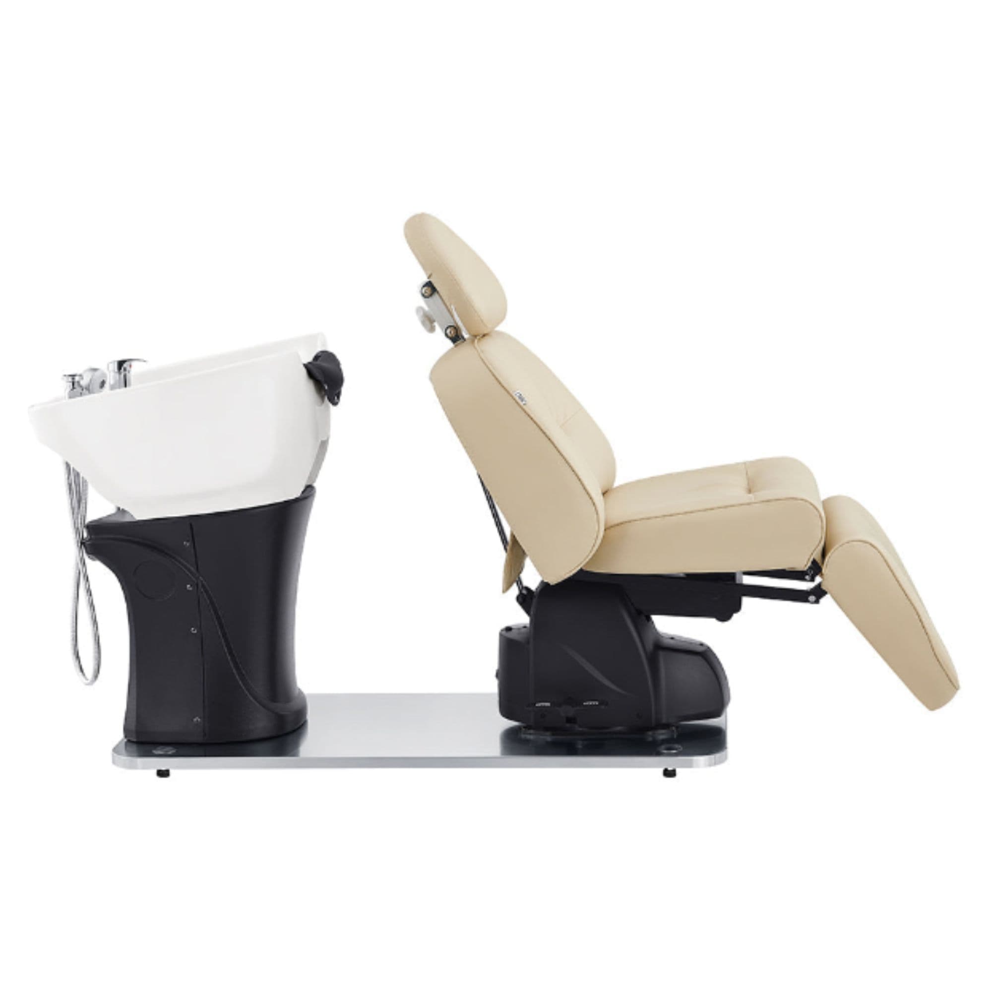 DIR Maximus Spa Salon Reclining Shampoo Bed with Rotating Seat Beige Side View With White Sink On White Background