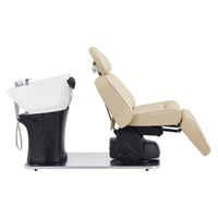 Thumbnail for DIR Maximus Spa Salon Reclining Shampoo Bed with Rotating Seat Beige Side View With White Sink On White Background