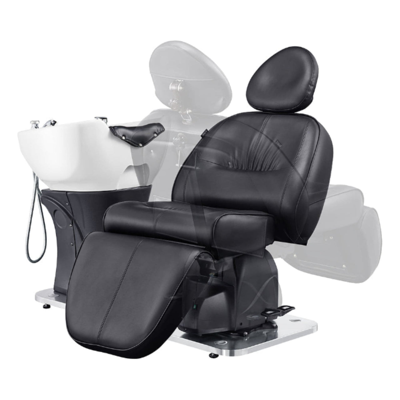DIR Maximus Spa Salon Reclining Shampoo Bed with Rotating Seat Black Angled Front View Beside White Sink Adjustment Demo On White Background