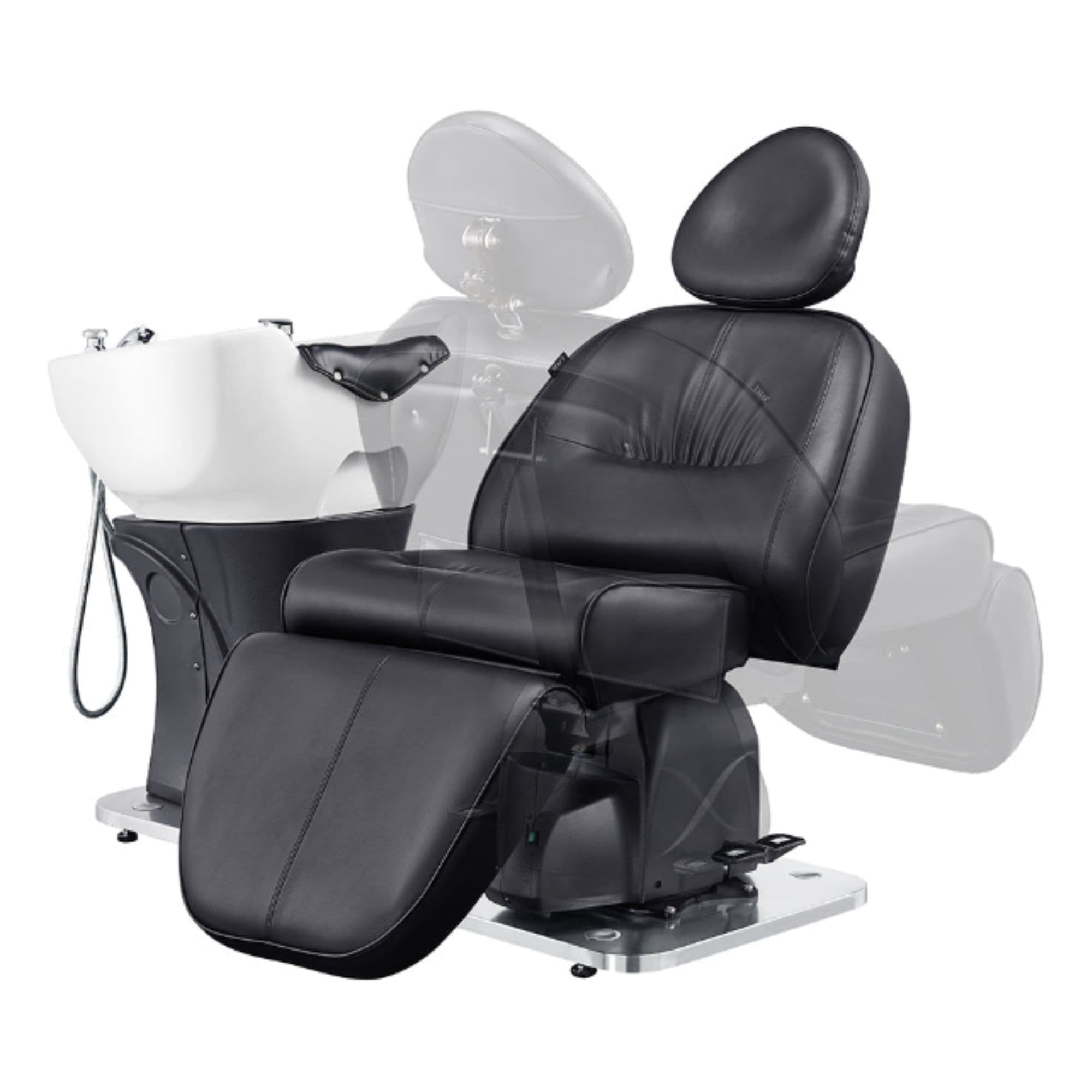 DIR Maximus Spa Salon Reclining Shampoo Bed with Rotating Seat Black Angled Front View Beside White Sink Adjustment Demo On White Background