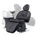 DIR Maximus Spa Salon Reclining Shampoo Bed with Rotating Seat Black Angled Front View Beside White Sink Adjustment Demo On White Background
