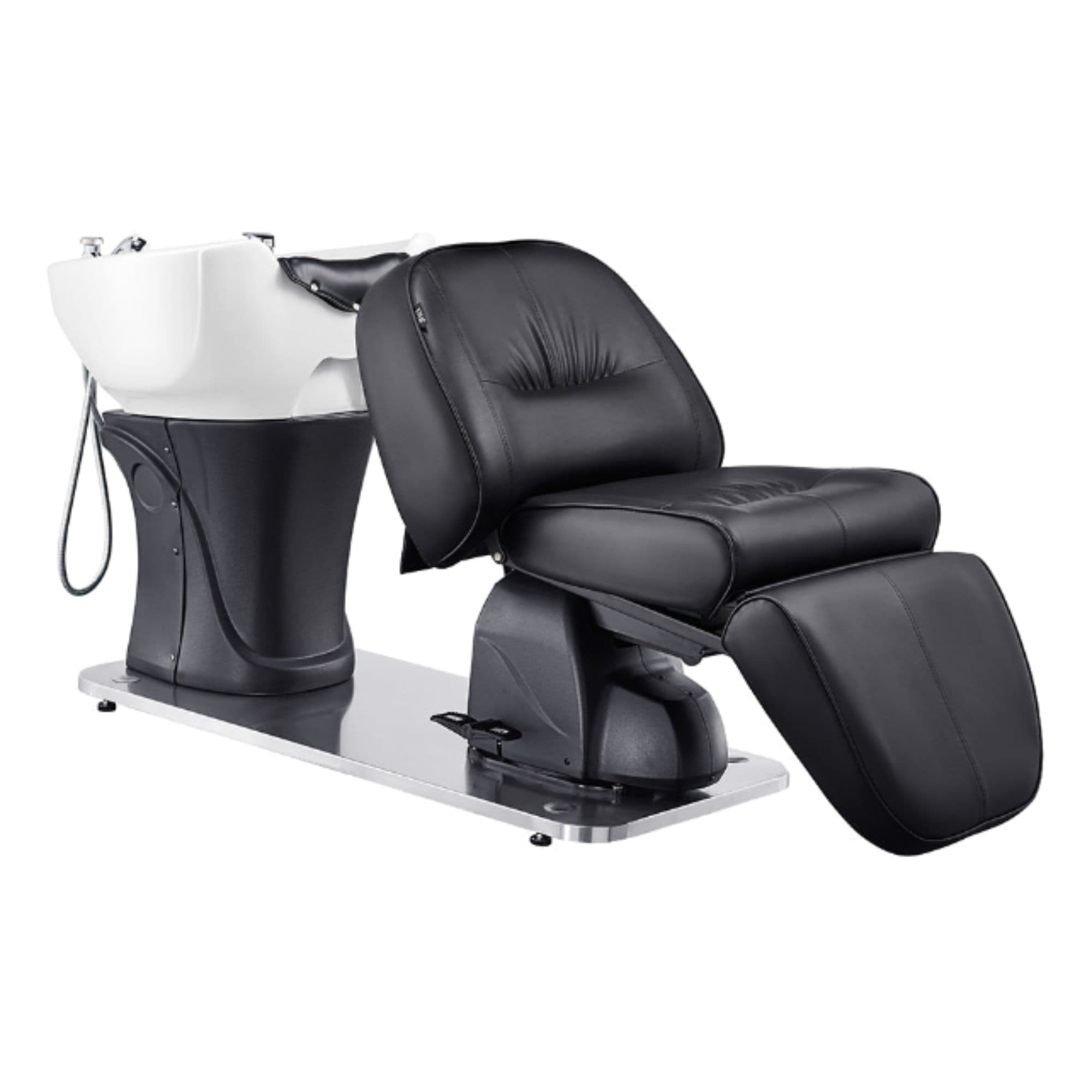 DIR Maximus Spa Salon Reclining Shampoo Bed with Rotating Seat Black Front Angled View With White Sink On White Background