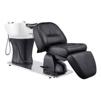 Thumbnail for DIR Maximus Spa Salon Reclining Shampoo Bed with Rotating Seat Black Front Angled View With White Sink On White Background