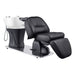 DIR Maximus Spa Salon Reclining Shampoo Bed with Rotating Seat Black Front Angled View With White Sink On White Background
