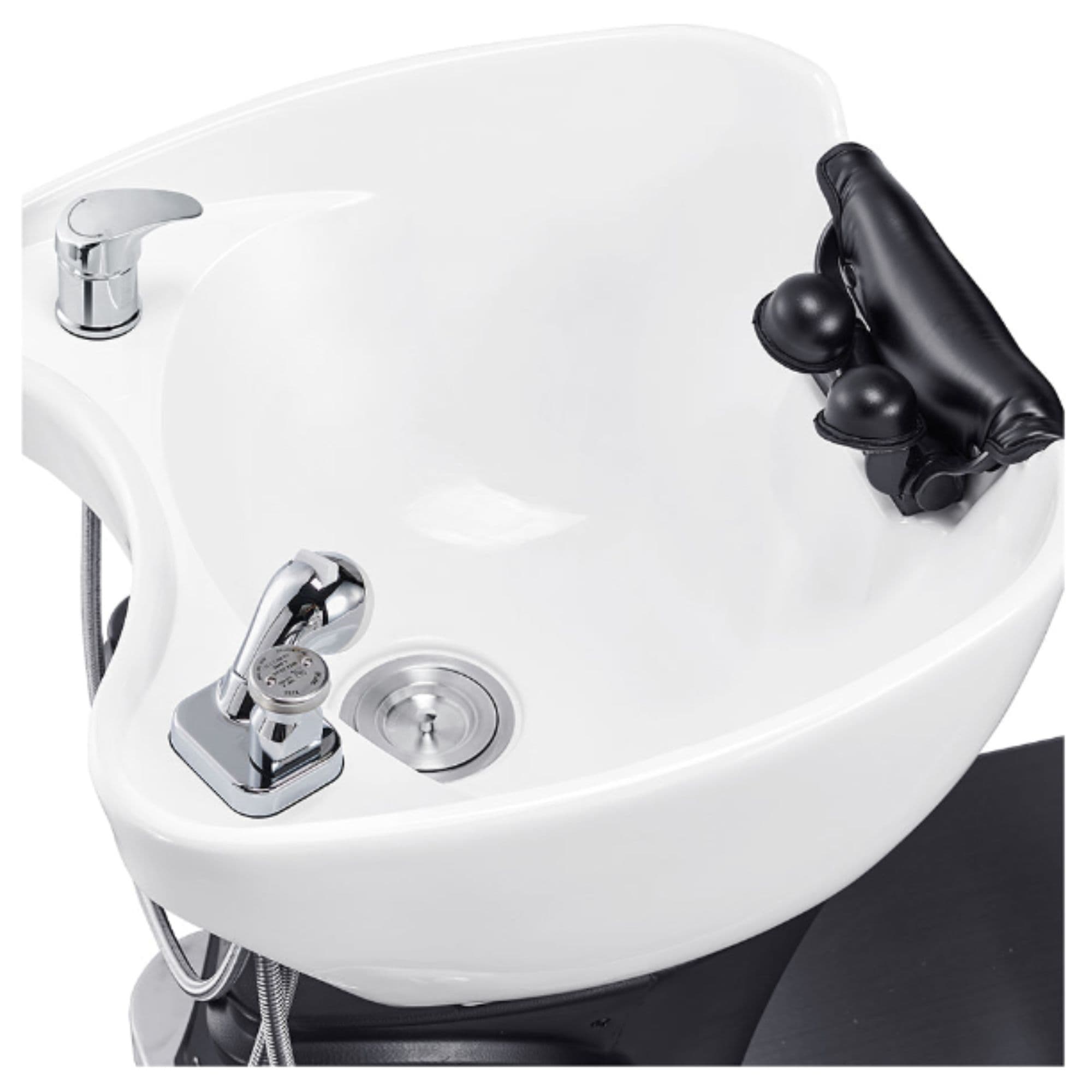 DIR Maximus Spa Salon Reclining Shampoo Bed with Rotating Seat Close-Up View Of White Sink Faucet And Drain System
