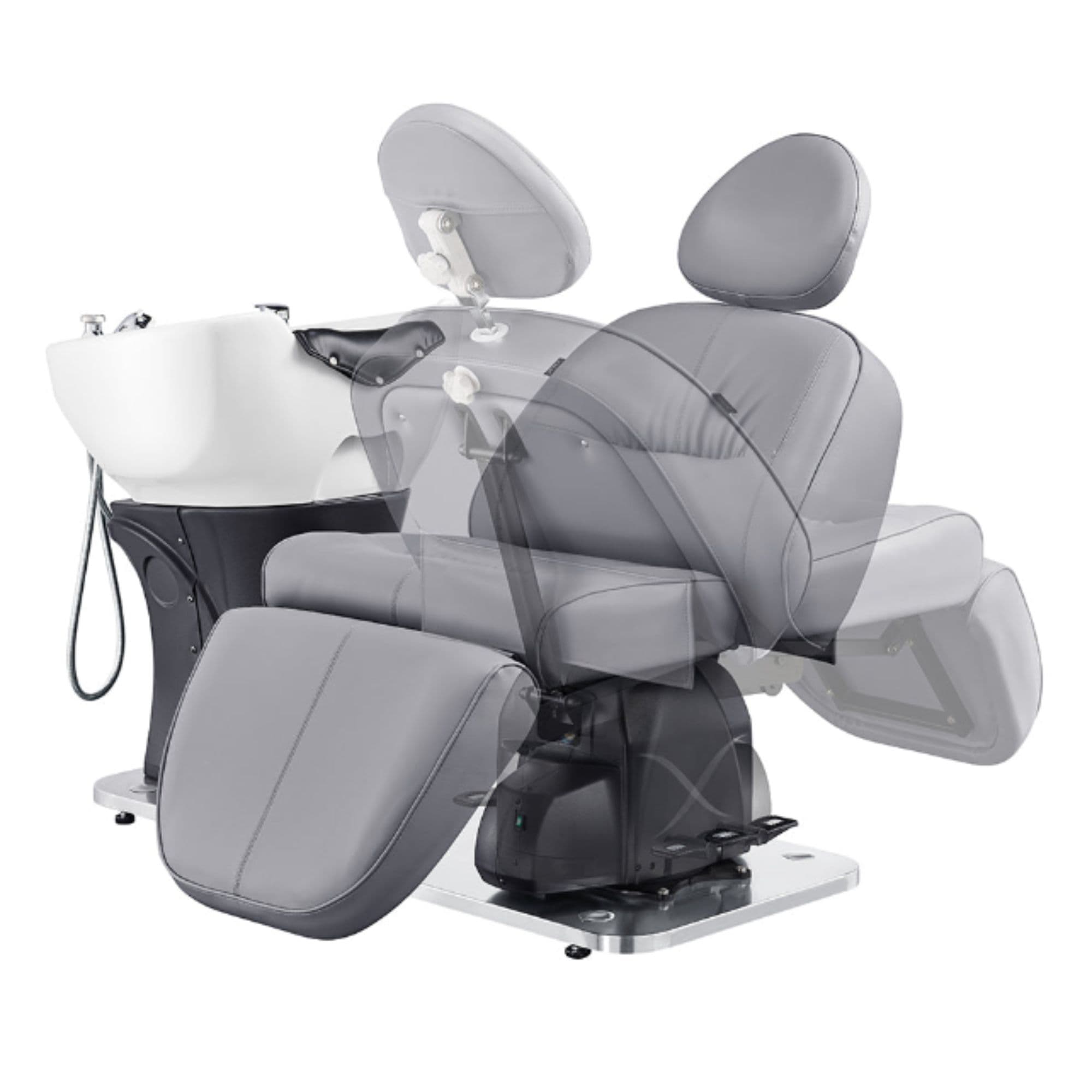 DIR Maximus Spa Salon Reclining Shampoo Bed with Rotating Seat Gray Angled Front View Beside White Sink Adjustment Demo On White Background