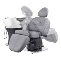 Thumbnail for DIR Maximus Spa Salon Reclining Shampoo Bed with Rotating Seat Gray Angled Front View Beside White Sink Adjustment Demo On White Background