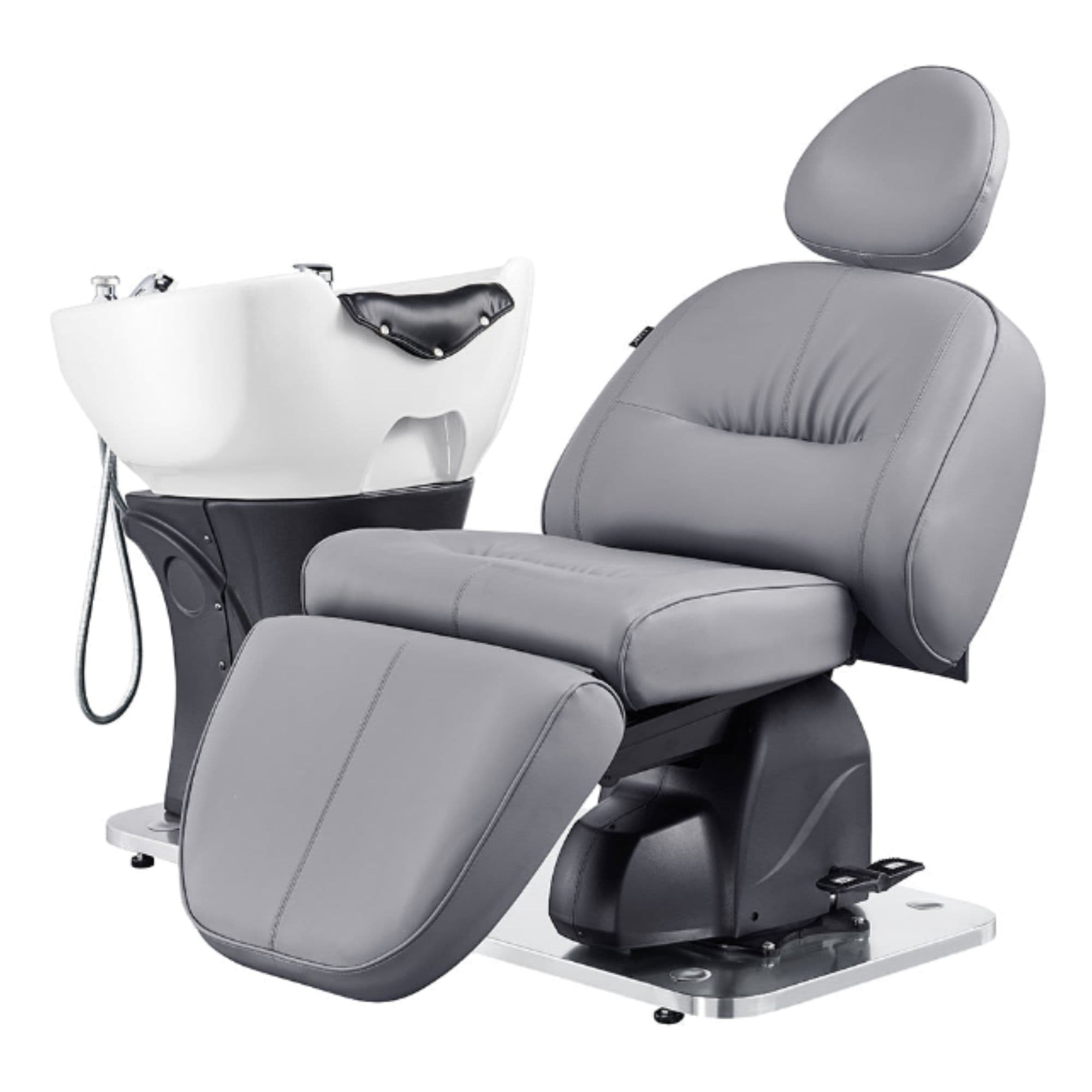 DIR Maximus Spa Salon Reclining Shampoo Bed with Rotating Seat Gray Angled Front View Beside White Sink On White Background