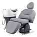 DIR Maximus Spa Salon Reclining Shampoo Bed with Rotating Seat Gray Angled Front View Beside White Sink On White Background