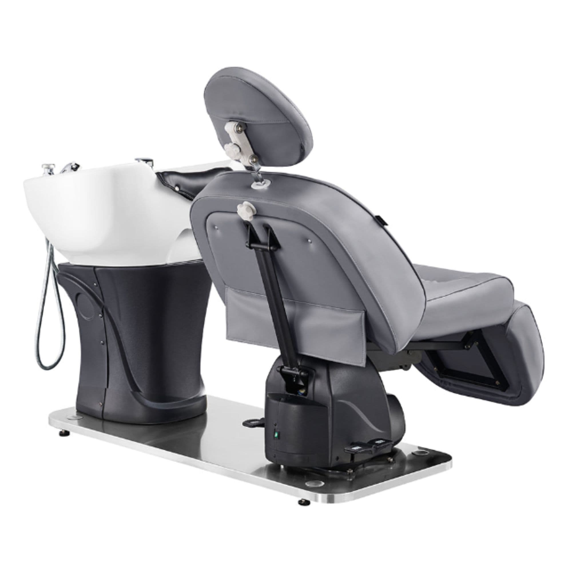 DIR Maximus Spa Salon Reclining Shampoo Bed with Rotating Seat Gray Angled Rear View Beside White Sink On White Background