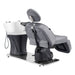 DIR Maximus Spa Salon Reclining Shampoo Bed with Rotating Seat Gray Angled Rear View Beside White Sink On White Background