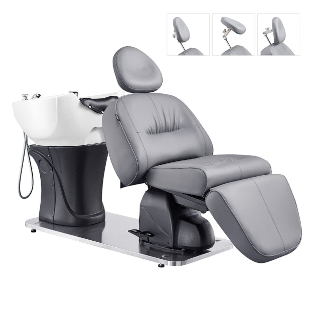 DIR Maximus Spa Salon Reclining Shampoo Bed with Rotating Seat Gray Front Angled View With White Sink  And Adjustable Headrest On White Background