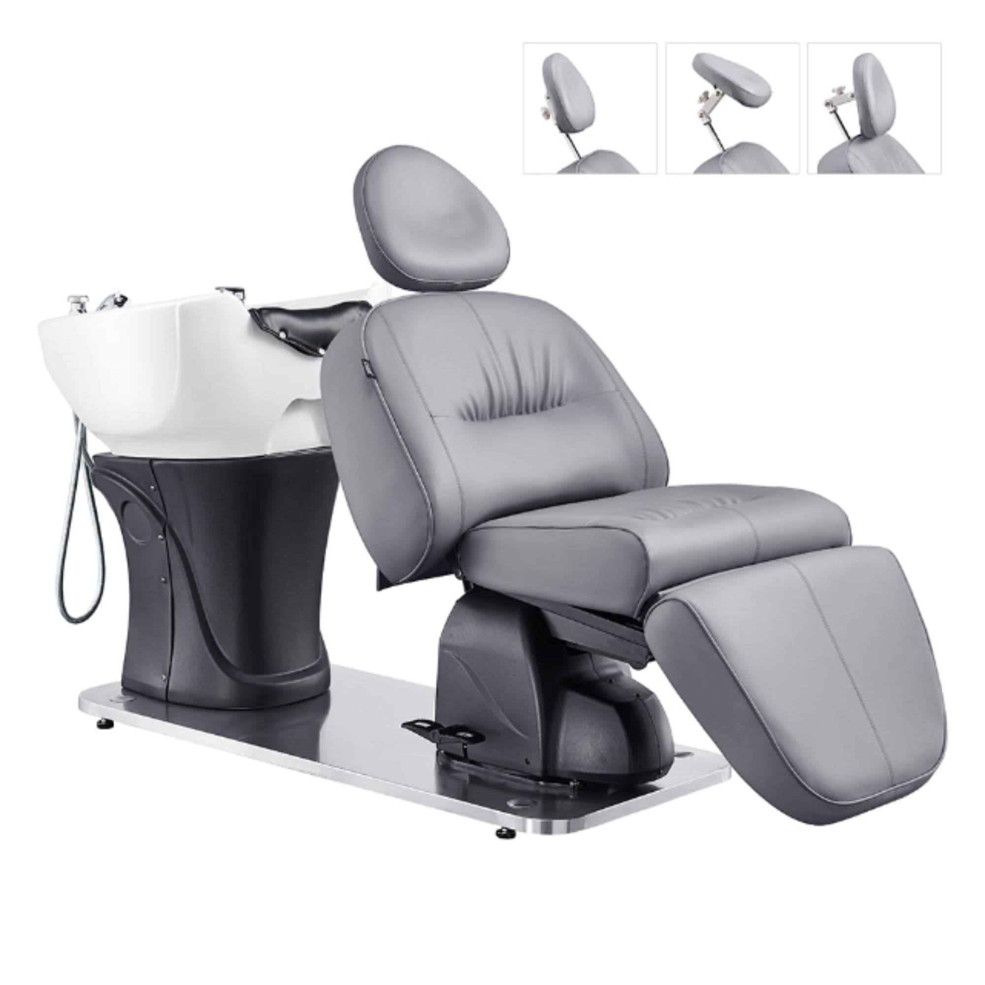 DIR Maximus Spa Salon Reclining Shampoo Bed with Rotating Seat Gray Front Angled View With White Sink  And Adjustable Headrest On White Background