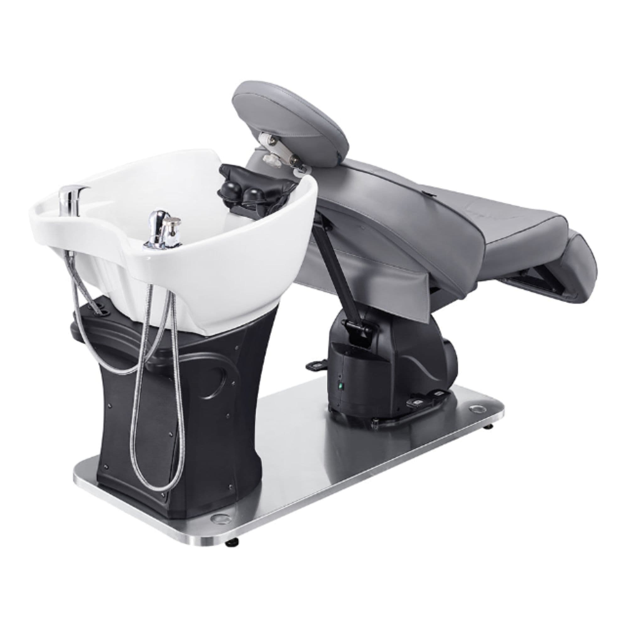DIR Maximus Spa Salon Reclining Shampoo Bed with Rotating Seat Gray Rear Angled View With White Sink Base On White Background
