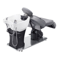 Thumbnail for DIR Maximus Spa Salon Reclining Shampoo Bed with Rotating Seat Gray Rear Angled View With White Sink Base On White Background