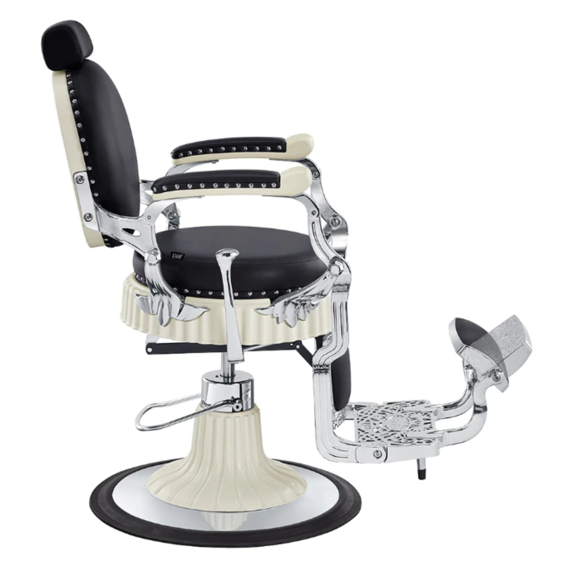 DIR Mikado Barber Chair Vintage Black Variant Side View Demonstrating The Swing Range Of Foot Rest Extension On White Background