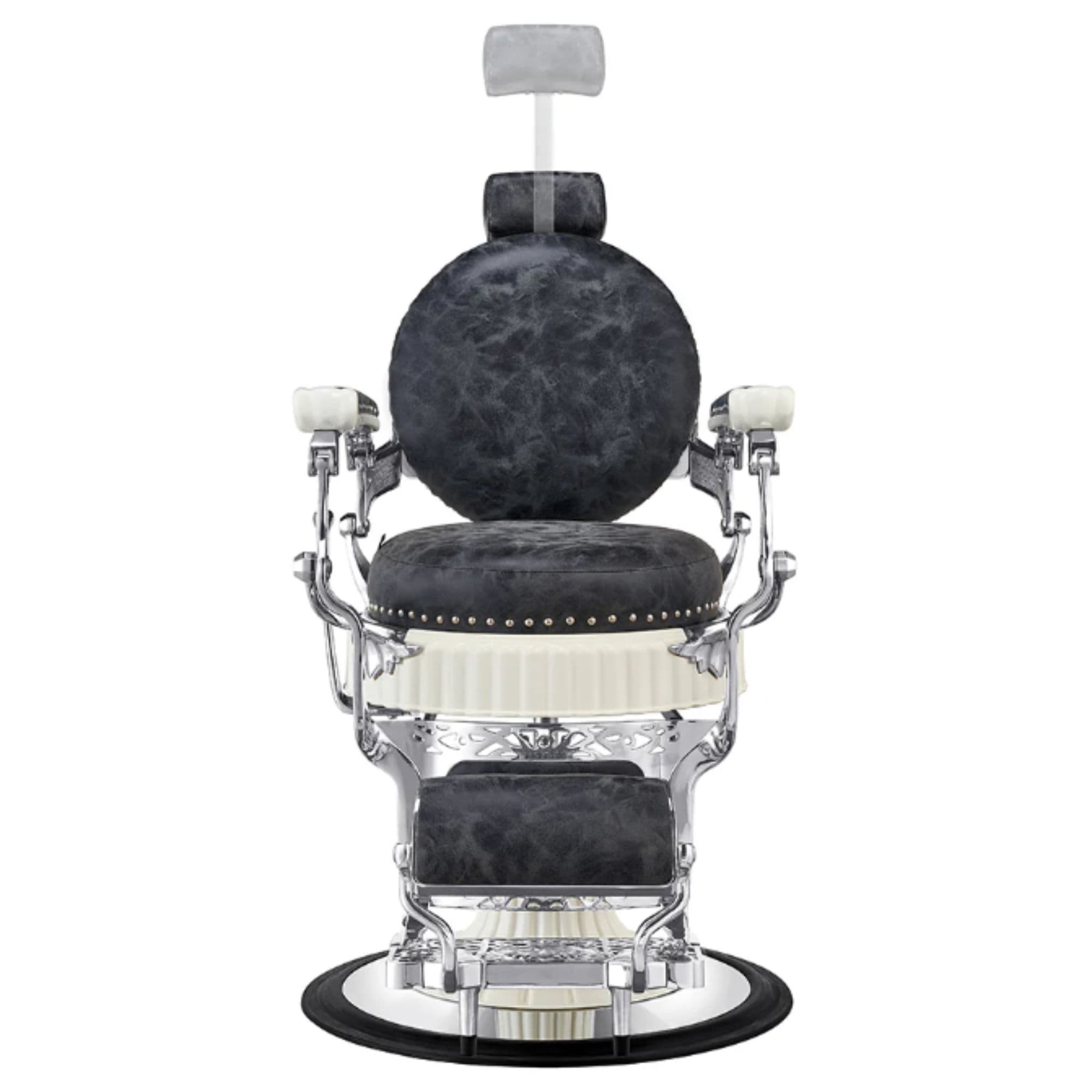 DIR Mikado Barber Chair Vintage Black Vintage Variant Front View Demonstrating Pull Out Headrest Range On White Background